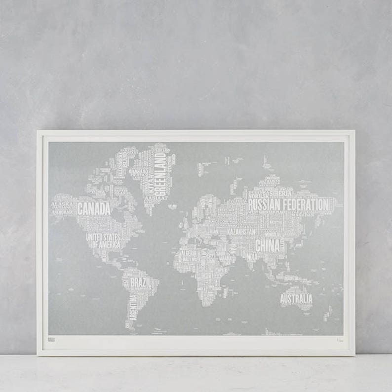 World Type Map Screen Print, World Type Map, World Word Map, World Wall Art, World Wall Poster, World Map, Gold World Map image 1