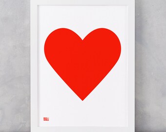 Love Heart Print, Neon Red on White Card, Love Print, Heart Print, Artwork, Screen Print, Wall Decor