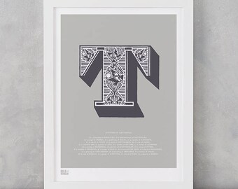 Illustrated Letter T, Letter T, Illustrated Alphabet Prints, Illustrated Letters, T, Turtledoves, Illustrated Turtledoves