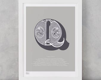 Illustrated Letter Q, Illustrated Letters, Letter Q, Illustrated Alphabet, Alphabet Wall Art, Letter Q Wall Poster, Quails