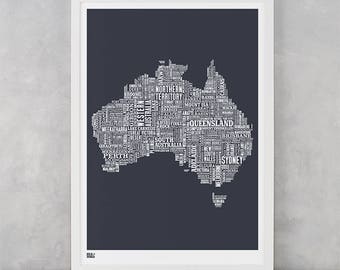 Australia Map, Australia Print, Australia Type Map, Australia Word Map, Australia Text Map, Australia Artwork, Australia Wall Poster