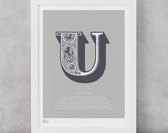 Illustrated Letter U, Illustrated Letters, Illustrated Alphabet Wall Posters, U, Letter U