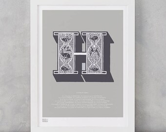 Illustrated Letter H, Letter H, Illustrated Letter H, Illustrated Alphabet Wall Posters, Illustrated Letters, H, Illustrated Hare