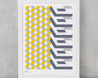 Geometric Print, Cube Grey and Yellow, Geometric Shape Screen Print, Wall Art, Home Decor