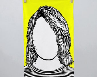 Kurt Cobain Tea Towel, Nirvana Towel, Kurt Cobain Kitchen Towel, Kurt Cobain Merchandise, Yellow Tea Towel, Yellow Dishcloth