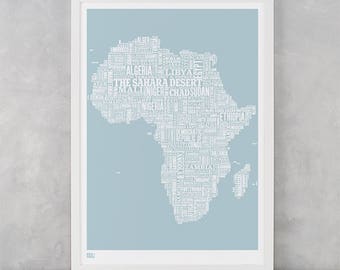 Africa, Africa Type Map Screen Print, Africa Map Wall Poster, Africa Word Map, Africa Text Map, Africa Font Map, Africa Type Map Wall Art