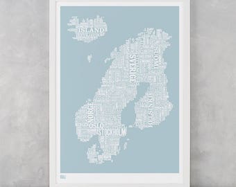 Nordic Europe Type Map Screen Print, Nordic Europe Font Map, Nordic Europe Wall Art, Nordic Europe Wall Poster, Nordic Europe Word Map