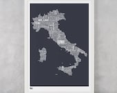 Italy Type Map Screen Print, Italy Word Map, Italy Text Map, Italy Font Map, Italy Artwork, Italy Wall Poster, Italy Wall Art, Italy Map