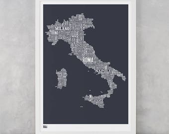 Italien Typ Karte Siebdruck, Italien Wort Karte, Italien Text Karte, Italien Schrift Karte, Italien Kunstwerk, Italien Wand Poster, Italien Wandkunst, Italien Karte