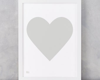 Love Heart Print, Light Grey on White Card, Love Print, Heart Print, Artwork, Screen Print, Wall Decor