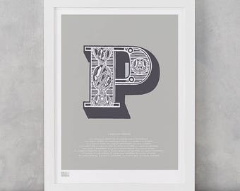 Illustrated Letter P, Letter P, Illustrated Alphabet Wall Art, P, Illustrated Letter Wall Poster, Illustrated Penguin, Penguin