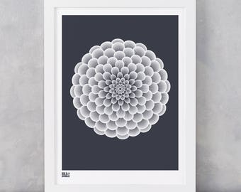 Dahlia Pompon Art Print in Sheer Slate, Flowers Wall Art, Flower Design Screen Print, Garden Flowers Screen Print, Gardeners Gift