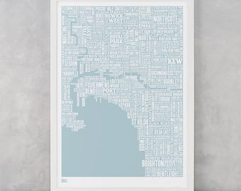 Melbourne Type Map Screen Print, Melbourne Type Map, Melbourne Word Map, Melbourne Font Map, Melbourne Artwork, Melbourne Wall Poster