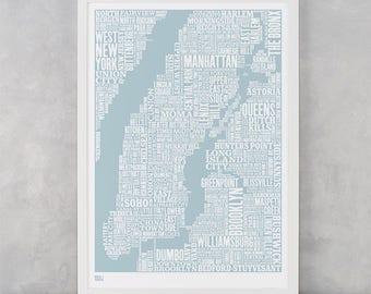 New York City Type Map Screen Print, New York City Type Map, New York City Wall Art, New York City Wall Poster, NYC Word Map, NYC Wall Print