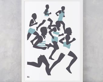 The 'Runners' Illustrated Art Print in Blue, Athlete Wall Art, Triathlon Screen Print