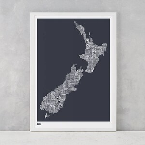 New Zealand Type Map Screen Print, New Zealand Word Map, New Zealand Artwork, New Zealand Wall Poster, New Zealand Wall Print, New Zealand image 1