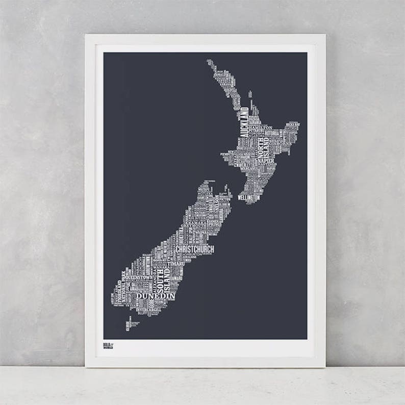 New Zealand Type Map Screen Print, New Zealand Word Map, New Zealand Artwork, New Zealand Wall Poster, New Zealand Wall Print, New Zealand image 1