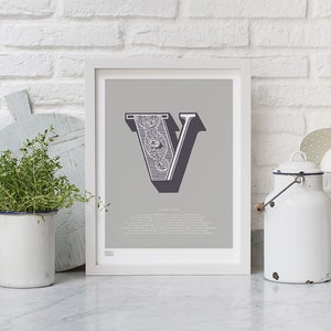 Illustrated Letter V, Illustrated Letters, Illustrated Alphabet, Letter V, Alphabet Art Print, Letter V Art Print, V, Alphabet Wall Art image 2