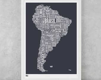 South America Type Map Screen Print, South America Wall Art, South America Word Map, South America Wall Poster, South America Map, America