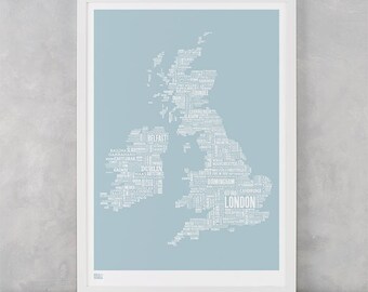 UK Map Print, UK Type Map Screen Print, British Isles Font Map, British Isles Word Map, British Isles Artwork, British Isles Art