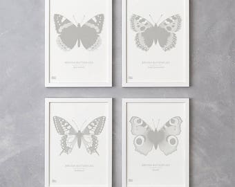 Set of 4 British Butterflies Screen Prints in Putty, Nature Wall Art, Butterfly Wall Art, Animal Wall Decor, Butterfly Art Print