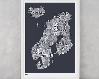 Nordic Europe Type Map Screen Print, Nordic Europe Font Map, Nordic Europe Wall Art, Nordic Europe Wall Poster, Nordic Europe Word Map