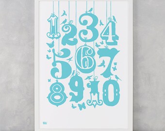 Count Numbers Screen Print, Numbers Wall Poster, Children's Wall Poster, Illustrated Wall Poster, Numbers Screen Print, Child's Screen Print