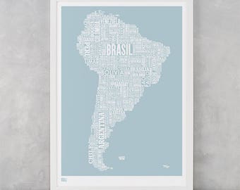 South America Type Map Screen Print, South America Wall Art, South America Word Map, South America Wall Poster, South America Map, America