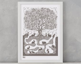 Rabbit 'Burrow' Screen Print, Animal Wall Art, Nature Wall Design, Grey Wall Art, Home Decor, Home Gifts