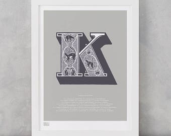 Illustrated Letter K, Letter K, Illustrated Alphabet Letters, Illustrated Letters, K, Illustrated Kittens, Kittens, Alphabet Wall Posters