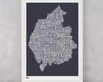 Cumbria Type Map, Lake District Type Map, Cumbria Word Map, Type Wall Art, Lake District Wall Art, Cumbria Map