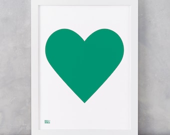 Love Heart Print, Emerald Green on White, Love Print, Heart Print, Artwork, Screen Print, Wall Decor