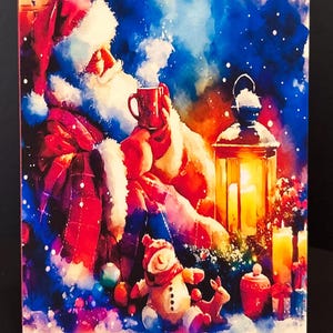 Christmas Card, Merry Christmas, Holiday, Greeting Card, Unique Card, Handmade, Santa Claus, St. Nick, Hot Chocolate, Candles, Snowy Night