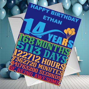 May include: A birthday card with the text "HAPPY BIRTHDAY ETHAN" and the number "14" in large blue font. The card also includes the phrases "168 MONTHS, 5113 DAYS, 122712 HOURS, 7362720 MINUTES, 441763200 SECONDS OF BEING AWESOME."