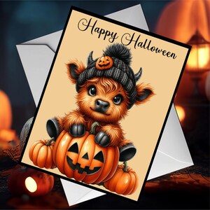 Halloween Card, Handcrafted, Cute, Kids, Jack-o-Lantern, Pumpkin, Baby Cow, Highland Cow
