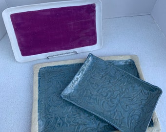 Three Trays - Blue Green Textured Tray - Pinky Purple and Blue Green Trays with Unglazed Natural White Porcelain Edges - Handmade Pottery
