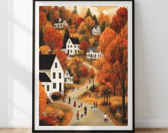 Cozy Fall Cityscape Printable Wall Art | Warm Autumn Cottagecore Decor | Cute Fall Season Digital Download | Rustic Autumnal Home Print