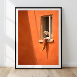 Stampa artistica minimalista raffigurante una donna che legge, accogliente decorazione da parete arancione per gli amanti dei libri (download digitale)