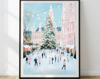 May include: A framed art print depicts a winter scene with a large Christmas tree and people ice skating. The artwork features a light blue sky, a large building, and string lights. The tree is decorated with pink ornaments.