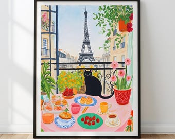パリのカフェプリント：猫とエッフェル塔、フレンチキッチンデコレーション（デジタルダウンロード）