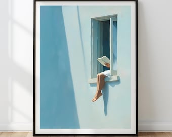 Minimalistische blauwe muurdecoratie (printbaar) | Marineblauwe esthetische decoratie | Rustgevende zomerse raamdecoratie | Kunst voor boekenliefhebbers | Digitale download