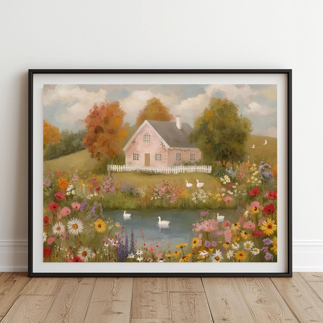 Pink Cottage Garden Wall Art Printable, Ducks Pond Landscape ...