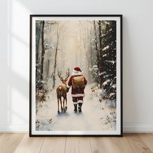 Santa Claus Reindeer Wall Art Print | Winter Forest Snowfall | Christmas Home Decor Digital Download | Holiday Printable Art for Christmas
