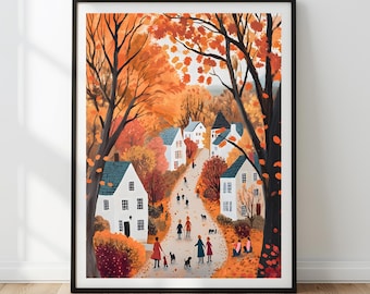 Cozy Fall Printable Wall Art | Cute Autumn Decor | Warm Tone Cottagecore Digital Download | Cozy Season Cityscape Print
