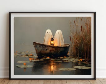 Ghosts in a Boat Wall Art Printable | Spooky Halloween Digital Download | Gothic Dark Academia Print | Haunted Ghost Picture Decor