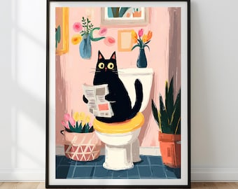 Funny Black Cat Bathroom Print: Tropical Toilet Art (Digital Download)