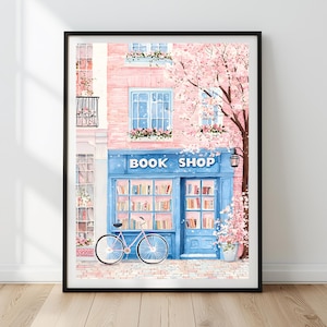 Charming Pink Bookstore Wall Art | Floral Bookshop Print | Cottagecore Reading Nook Decor | Cozy Library Poster | Digital Download