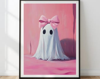 Pink Ghost Print: Bow Halloween Decor, Coquette Room Art (Digital Download)