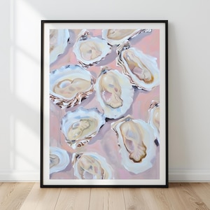 Dipinto di conchiglie di ostriche rosa pastello, decorazione da parete / Decorazione da cucina di una casa sulla spiaggia astratta in stile costiero / Stampa digitale da scaricare per la sala da pranzo estiva colorata