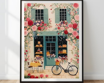 フランスのベーカリーの水彩画プリント｜パリのカフェの壁アート（デジタルダウンロード）